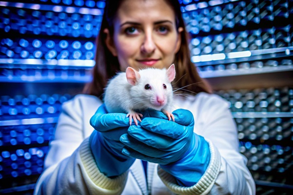 Científica con guantes sosteniendo en sus manos una rata blanca de laboratorio