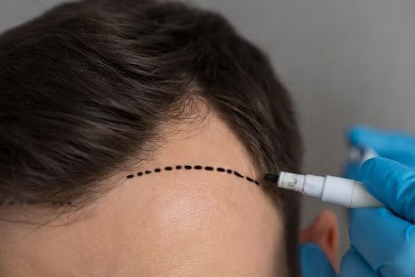 Duele el injerto capilar - Cirujano traza línea de implantación frontal para un microinjerto de pelo