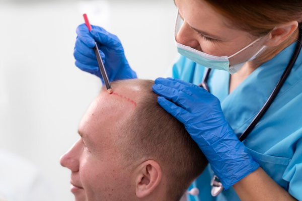 Duele el injerto capilar - Tricóloga trabaja en el diseño de un trasplante de cabello para un hombre con alopecia 