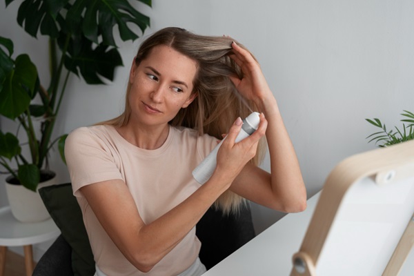Pelo graso - Mujer aplicando un spray para cabello que ayuda a mantenerlo sedoso y brillante