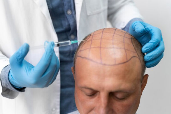 Duele el injerto capilar - Cirujano realiza la extracción de unidades folicular en la zona donante de un hombre calvo 