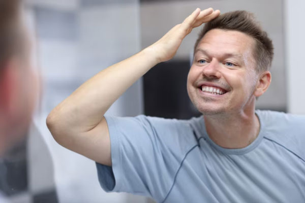 Hombre de cabellera abundante se muestra feliz con los resultados de un trasplante de cabello