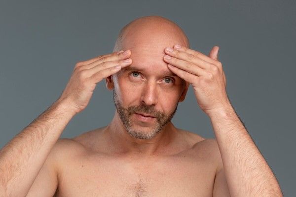 La calvicie en cifras - hombre con problemas graves de alopecia, revisando su cuero cabelludo