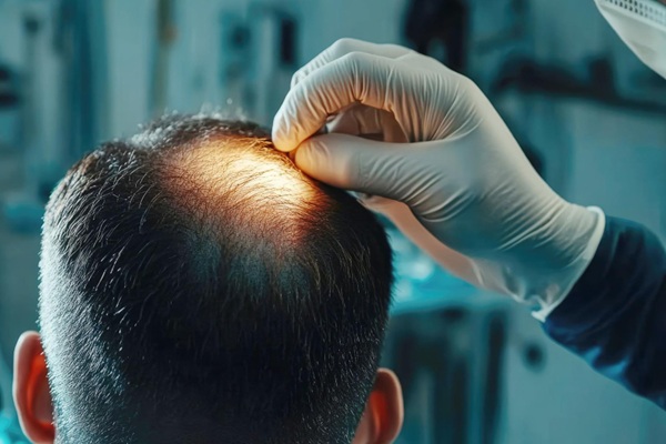 Tricólogo observando el cuero cabelludo de un hombre con alopecia para recomendar la mejor técnica de injerto de cabello CDMX