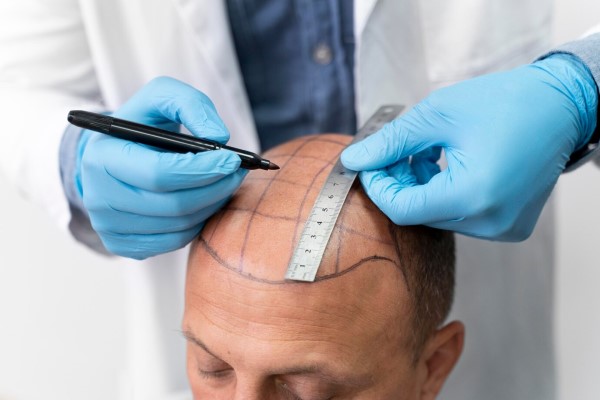 hombre blanco en la consulta del especialista planificando el trasplante de cabello