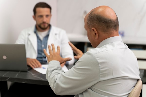hombre en la consulta del tricólogo resolviendo todas sus dudas