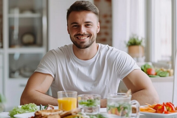 hombre mostrando comida sana