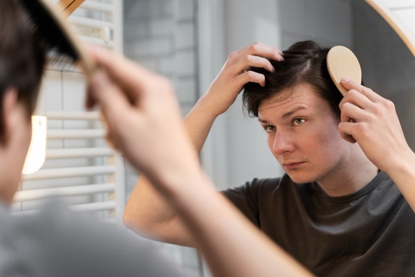 Alopecia prematura - Hombre joven con pérdida de cabello peinándose frente al espejo