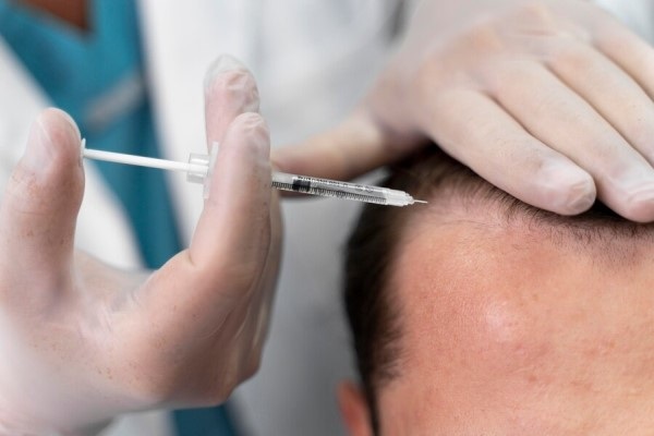 Inflamación tras injerto capilar - Cirujano capilar anestesiando la zona de la sien donde va a realizar el trasplante de cabello