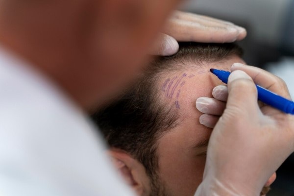 Injerto capilar precio - Médico tricólogo de la mejor clínica injerto cabello CDMX realizando el diseño del trasplante capilar a un hombre con pérdida de cabello en las entradas