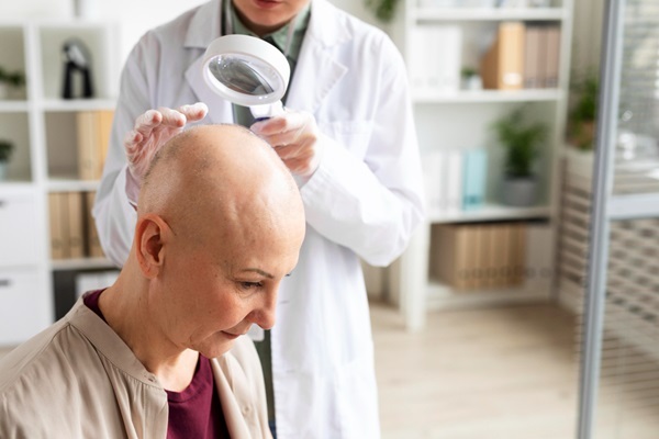 Pérdida de cabello por quimioterapia - Médico tricólogo evaluando el cuero cabelludo de una mujer con alopecia por el tratamiento para el cáncer