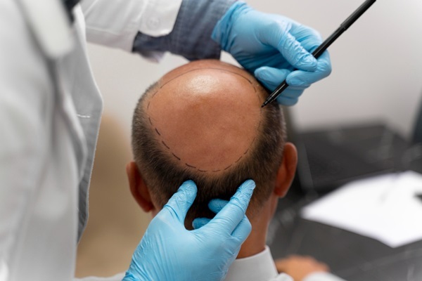 Trasplante de pelo en España - Tricólogo realizando el boceto del trasplante capilar a un hombre con alopecia avanzada para determinar cuánto cuesta un implante capilar