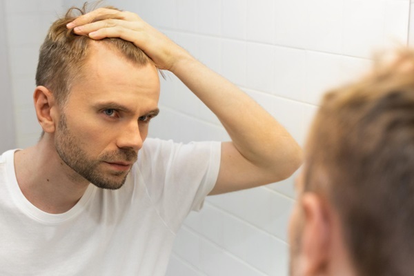 Tratamiento capilar - Hombre frente al espejo observando el avance de la pérdida de cabello por falta de tratamientos capilares para fortalecer el pelo