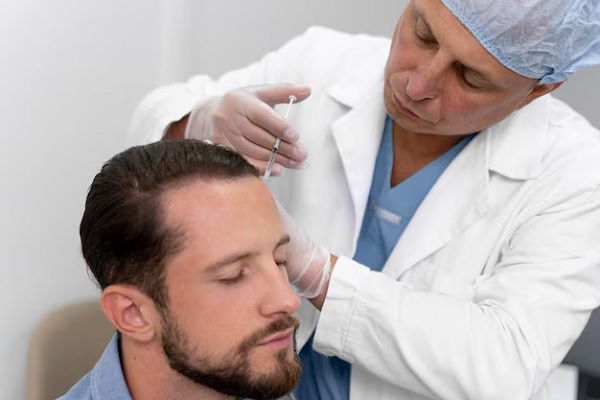 Trasplante capilar precio - Médico capilar realizando un injerto de cabello CDMX a un hombre con alopecia en las entradas