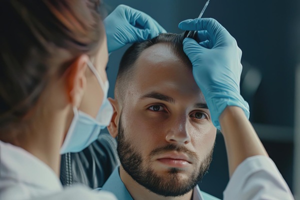 Tricólogo evaluando el cuero cabelludo de un hombre con pérdida de cabello en las entradas