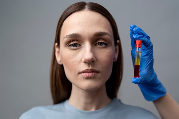 PRP una mujer posando junto a un tubo clínico en donde hay sangre y posiblemente plasma rico en plaquetas que también son tratamiento efectivo para la perdida capilar