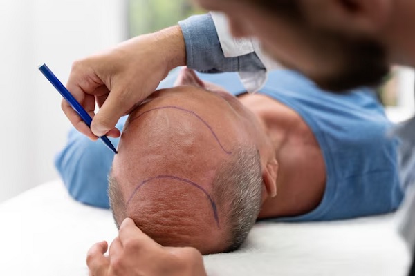 Implante capilar FUE - Médico capilar realizando el boceto del implante cabello a un hombre con alopecia androgénica