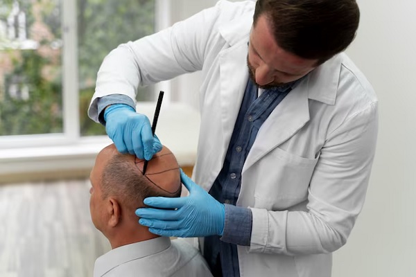 Implante capilar FUE - Cirujano capilar realiza el diseño del implante cabello a un hombre con alopecia avanzada en la coronilla
