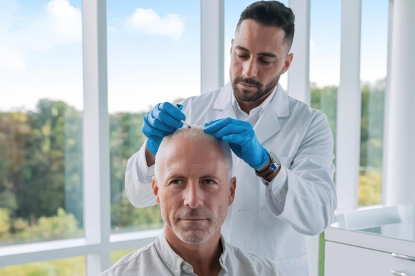 Cirujano capilar evaluando el cuero cabelludo de un hombre con alopecia avanzada