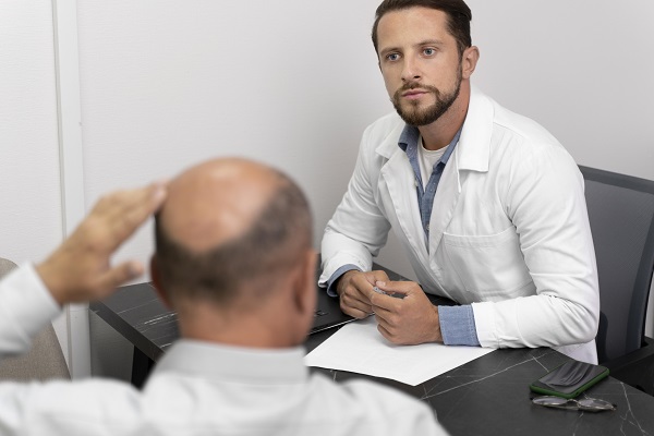 Hombre en consulta con un médico tricólogo para realizarse un trasplante capilar CDMX