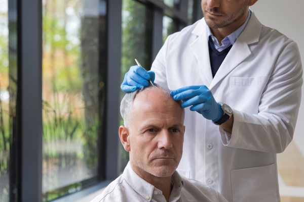 Injerto de cabello - Médico capilar realizando el boceto del injerto de cabello CDMX a un hombre con pérdida de pelo avanzada