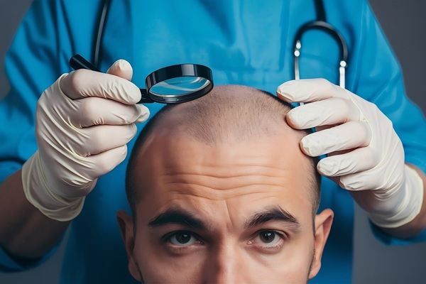 Mejores cirujanos capilares - Cirujano capilar evaluando el cuero cabelludo de un hombre con alopecia avanzada para determinar cuánto cuesta un injerto de cabello CDMX