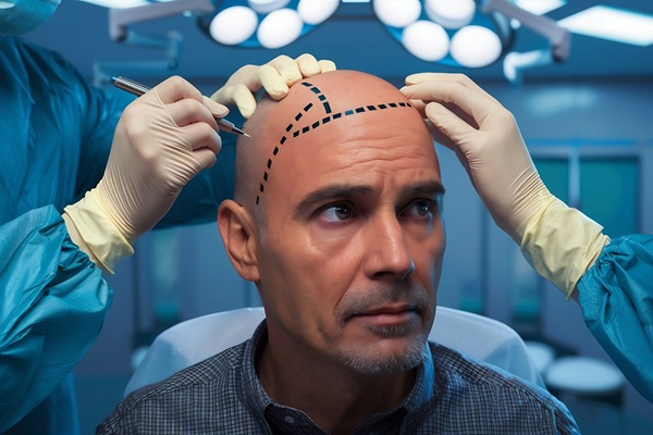 Mejores cirujanos capilares - Médico tricólogo realizando el boceto del injerto capilar a un hombre con alopecia avanzada