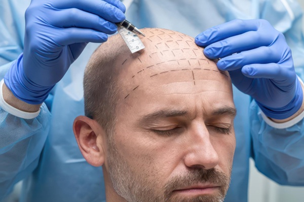 Médico capilar realizando el diseño del implante cabello CDMX a un hombre con pérdida de pelo avanzada