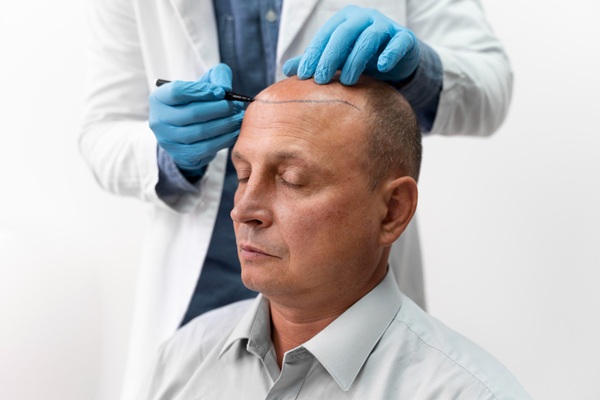 Tricólogo realizando el diseño del injerto de cabello CDMX a un hombre con alopecia avanzada