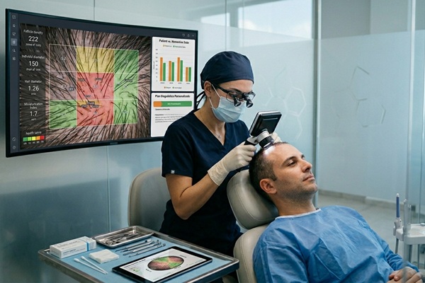 Trasplante de cabello - Tricóloga evaluando el cuero cabelludo de un hombre con alopecia para determinar cuánto cuesta un injerto de cabello