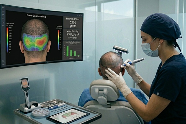 Trasplante de cabello - Médico tricólogo extrayendo el pelo de la zona donante de un paciente para realizar el injerto de cabello CDMX