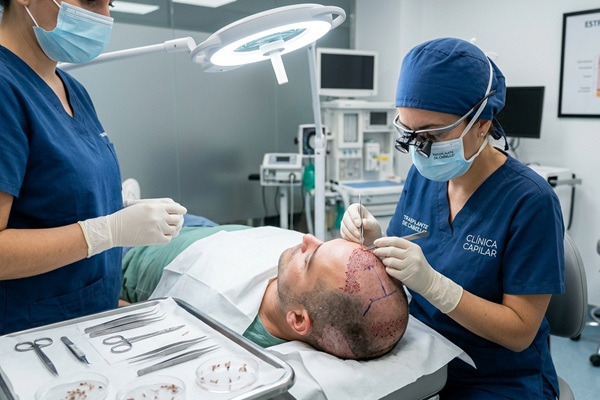 Tricóloga realizando un procedimiento de injerto capilar CDMX a un hombre con alopecia avanzada