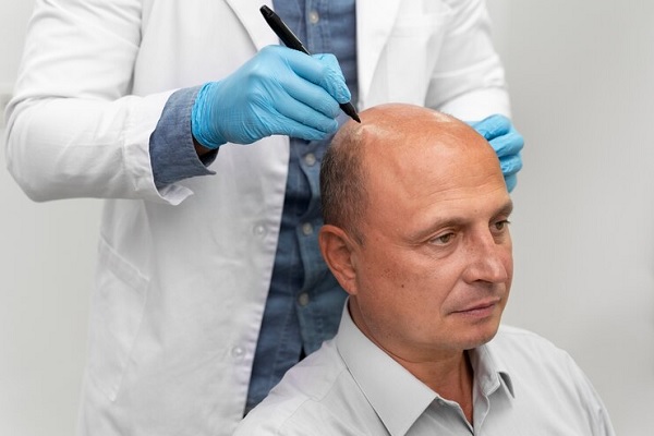 Cirujano capilar realizando el diseño del injerto de cabello CDMX a un hombre con pérdida de pelo avanzada