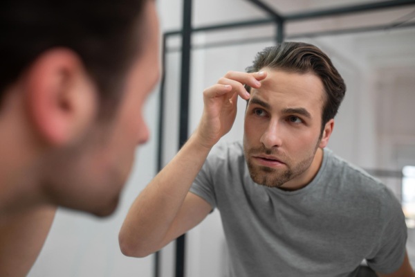 Hombre frente al espejo observando el avance de la pérdida de pelo preguntándose por qué da la alopecia