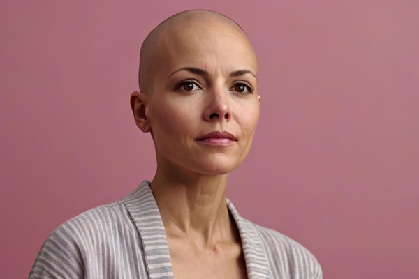 Mujer sin cabello debido a enfermedades autoinmunes que causan la destrucción del folículo piloso uno de los tipos de alopecia más severos