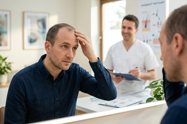 Realizar un injerto de cabello - Tricólogo evaluando a un hombre con pérdida de cabello antes de realizar un trasplante capilar
