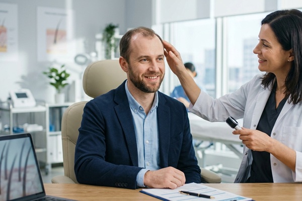 Médico tricólogo evaluando a un hombre con alopecia para determinar la mejor técnica de trasplante capilar