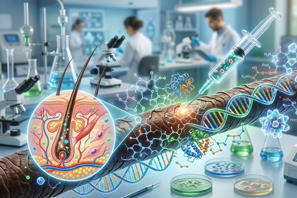 Biotecnología capilar - Representación gráfica del uso de exosomas para estimular el crecimiento capilar