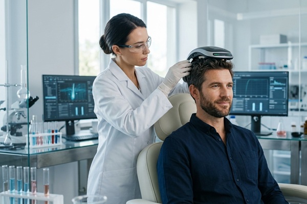 Biotecnología capilar - Médico tricólogo realizando un tratamiento para estimular el crecimiento capilar de un hombre con alopecia