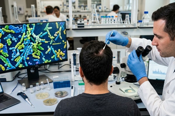 Microbiana del cuero cabelludo - Médico tricólogo evaluando el cuero cabelludo de un hombre con alopecia antes de realizar un implante capilar