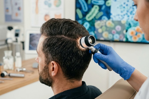 Microbiana del cuero cabelludo - Tricólogo evaluando la microbiana del cuero cabelludo de un hombre antes de realizar un injerto de cabello CDMX