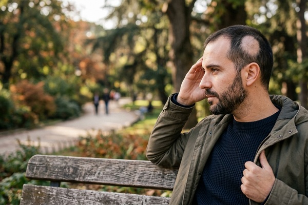 Hombre con caída del cabello en parches provocada por un trastorno de origen autoinmune