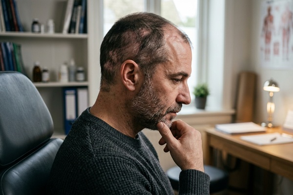 Hombre preocupado por la caída del cabello causada por la destrucción del tejido folicular que provoca cicatrices irreversibles