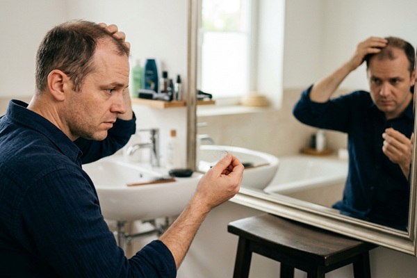 Hombre observando una acelerada caída del cabello provocada por el efluvio telógeno