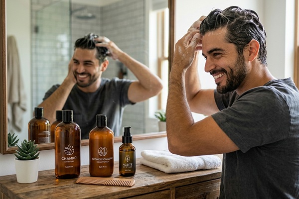 Productos sin sal para el cabello - Hombre frente al espejo aplicándose un champú sin sal para mantener la hidratación natural del cabello
