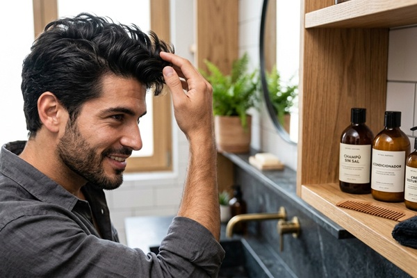 Productos sin sal para el cabello - Hombre colocándose un acondicionador sin sal en el cabello para evitar la sequedad