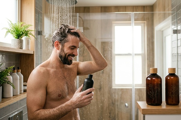 Productos sin sal para el cabello - Hombre usando un champú natural sin sulfatos para mantener la humedad del cabello