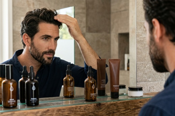Hombre aplicándose un tratamiento de peinado sin cloruro de sodio para hidratar y nutrir el cabello