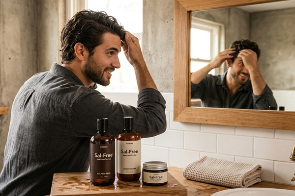 Hombre frente al espejo usando un champú sin sulfatos para mantener la humedad natural del pelo