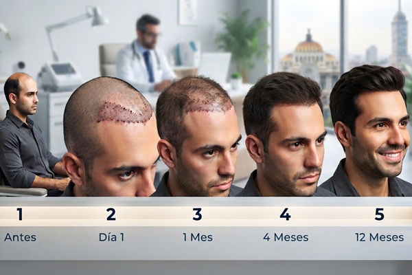 Resultado injerto de cabello - Imagen comparativa de la evolución del trasplante capilar CDMX hasta obtener los resultados definitivos
